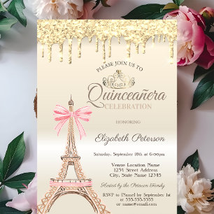 Eleganter Eiffelturm mit Schleife, Quinceañera-Gol Einladung