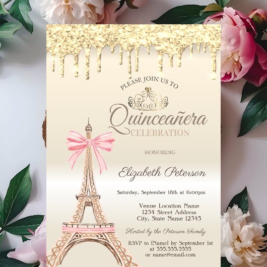 Eleganter Eiffelturm mit Schleife, Quinceañera-Gol Einladung