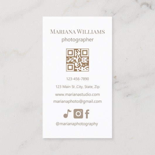 eleganter einfacher, brauner Skriptfotograf qr Cod Visitenkarte (Rückseite)