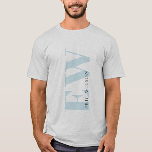Eleganter einfacher Minimal Blue Gray Monogram Nam T-Shirt (Vorderseite)