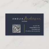 Eleganter einfacher Navy Blue Gold Script QR Code Visitenkarte (Rückseite)