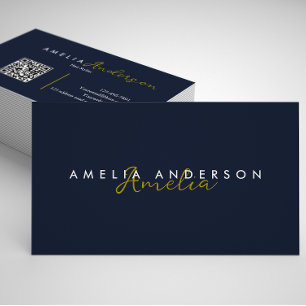 Eleganter einfacher Navy Blue Gold Script QR Code Visitenkarte
