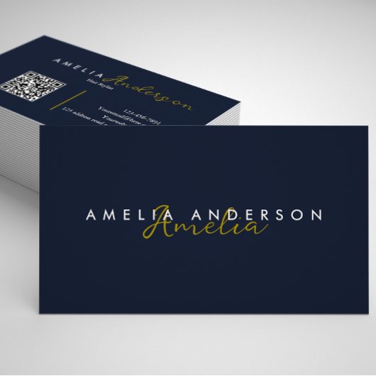 Eleganter einfacher Navy Blue Gold Script QR Code Visitenkarte