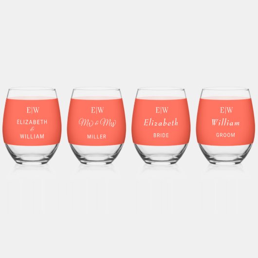 Eleganter einfacher Neon Flare mit Monogram Weddin Weinglas Ohne Stiel (Vorderseite)