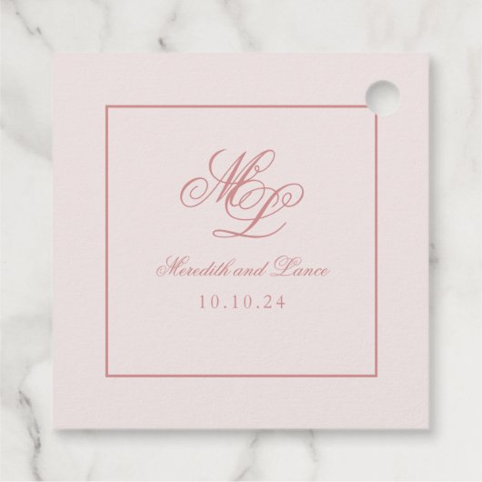 Eleganter einfacher quadratischer rosa Monogramm-T Geschenkanhänger (Rückseite)