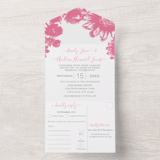 Eleganter einfacher rosa Sonnenblumen geometrische All In One Einladung (Innen Boden)