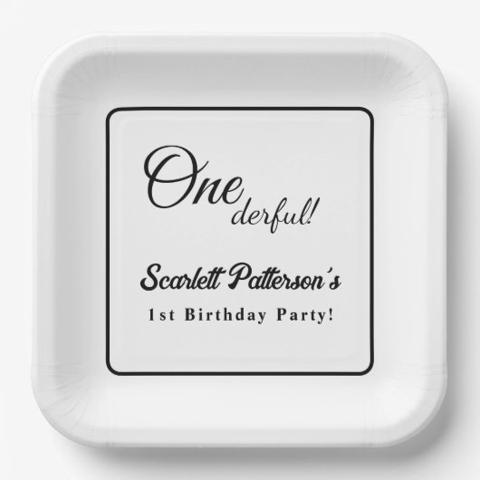 Eleganter einfacher Schwarz-Weiß-Moderne 1. Geburt Pappteller (Vorderseite)