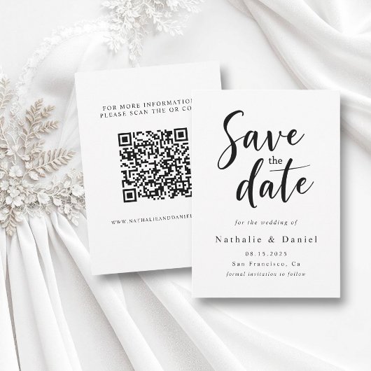 Eleganter einfacher Schwarz-Weiß-QR-Code Hochzeit Save The Date