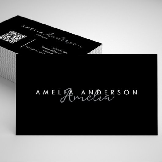 Eleganter einfacher Schwarz-weißer Script QR Code  Visitenkarte