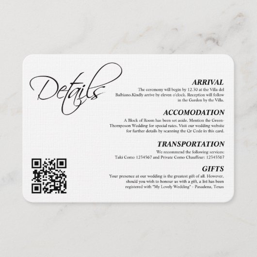 Eleganter einfacher Script-Hochzeitdetails QR-Code Begleitkarte (Vorderseite)