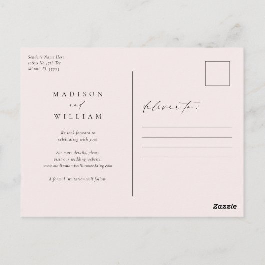 Eleganter Einfaches Erröten Save the Date Postkarte (Rückseite)