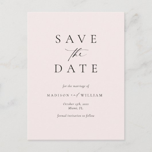 Eleganter Einfaches Erröten Save the Date Postkarte (Vorderseite)