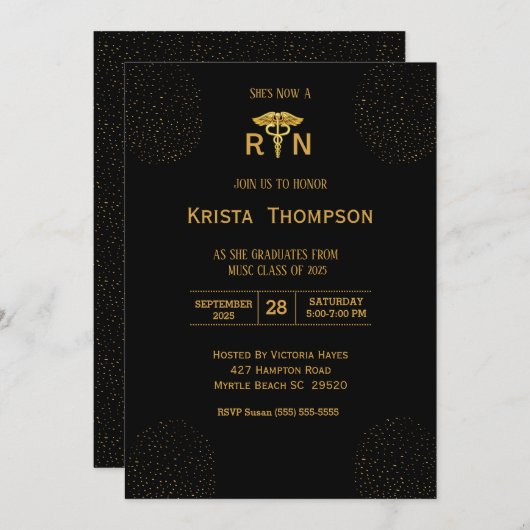 Eleganter eingetragener Nurse Abschluss Black Gold Einladung (Vorne/Hinten)