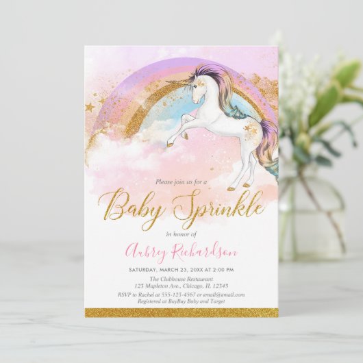 Eleganter Einhorn-Baby-Sprinkle-Mädchen pastellfar Einladung (Stehend Vorderseite)
