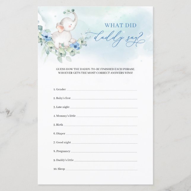 Eleganter Elefant blau Was Daddy sagte Spiel (Vorderseite)