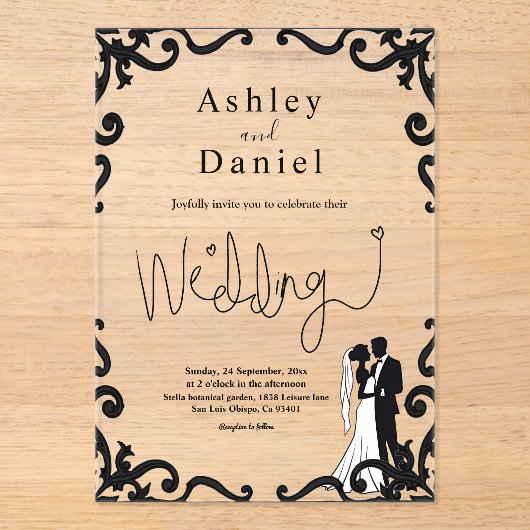 Eleganter, eleganter Schwarz-Weiß-Rahmen Hochzeit Acryleinladungen (Vorderseite)