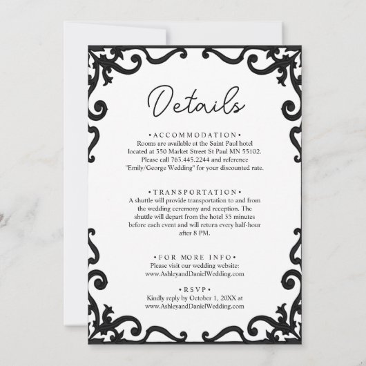 Eleganter, eleganter Schwarz-Weiß-Rahmen Hochzeit Einladung (Rückseite)