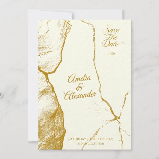 Eleganter Elfenbein und Goldmarmor Save the Date Einladung (Vorderseite)