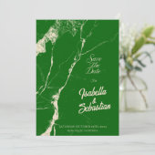Eleganter Emerald & Champagne-Marmor Save the Date Einladung (Stehend Vorderseite)