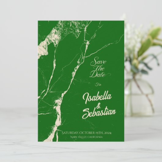 Eleganter Emerald & Champagne-Marmor Save the Date Einladung (Stehend Vorderseite)