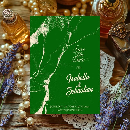 Eleganter Emerald & Champagne-Marmor Save the Date Einladung