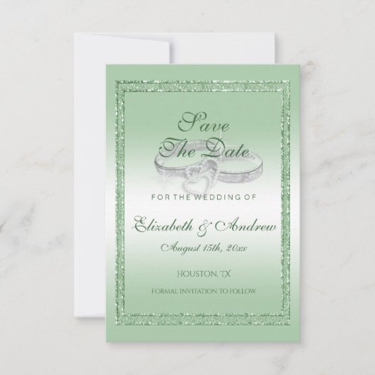Eleganter Emerald Glitzer & Silver Wedding Rings Save The Date (Vorderseite)
