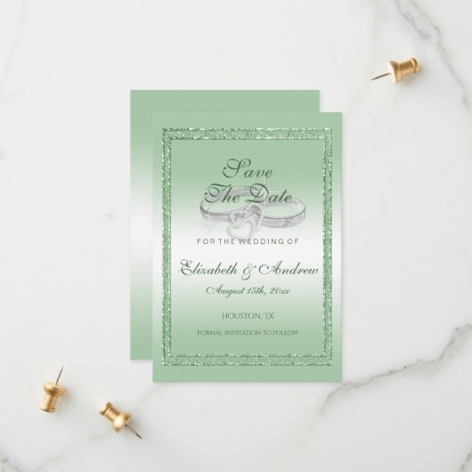 Eleganter Emerald Glitzer & Silver Wedding Rings Save The Date (Vorderseite/Rückseite Beispiel)