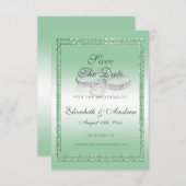 Eleganter Emerald Glitzer & Silver Wedding Rings Save The Date (Vorne/Hinten)