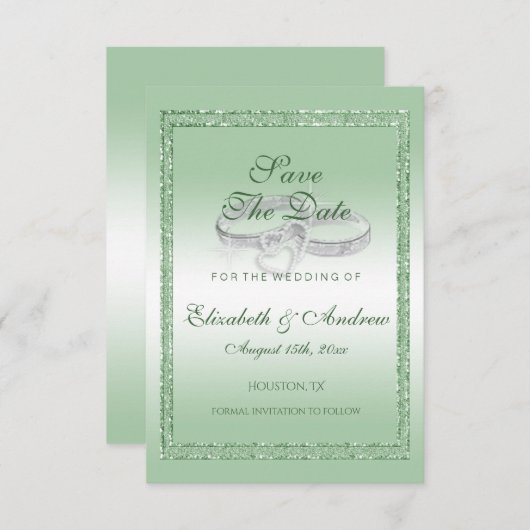 Eleganter Emerald Glitzer & Silver Wedding Rings Save The Date (Vorne/Hinten)