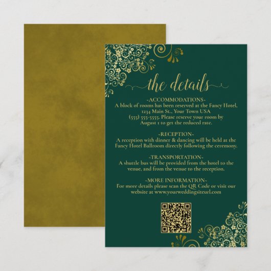 Eleganter Emerald & Gold Wedding QR Code Details Begleitkarte (Vorne/Hinten)
