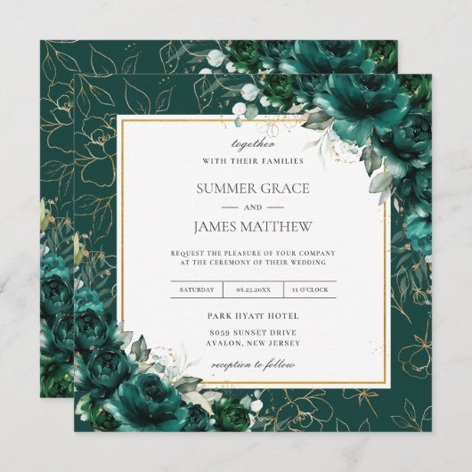 Eleganter Emerald Green Floral Gold Wedding Square Einladung (Vorne/Hinten)
