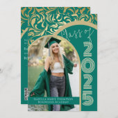 Eleganter Emerald Green & Gold Arch Foto Abschluss Einladung (Vorne/Hinten)