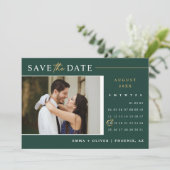 Eleganter Emerald Green Gold Save the Date Calenda Einladung (Stehend Vorderseite)