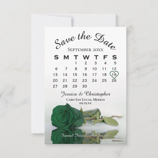 Eleganter Emerald Green Rose Chic Wedding Calendar Save The Date (Vorderseite)
