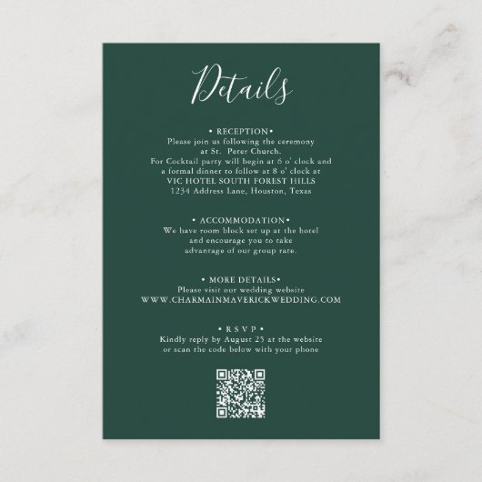 Eleganter Emerald Green Script Wedding QR Code Begleitkarte (Vorderseite)