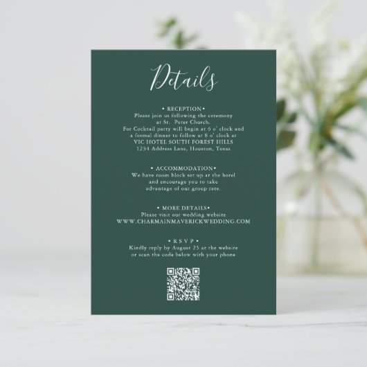 Eleganter Emerald Green Script Wedding QR Code Begleitkarte (Stehend Vorderseite)