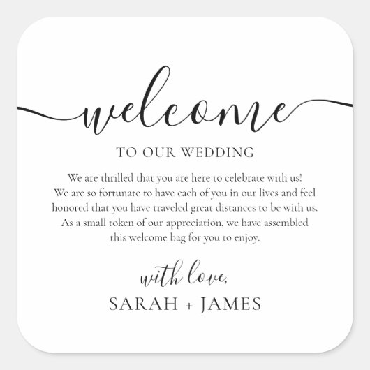 Eleganter Empfang in unserer Begrüßungstasche Quadratischer Aufkleber (Vorderseite)