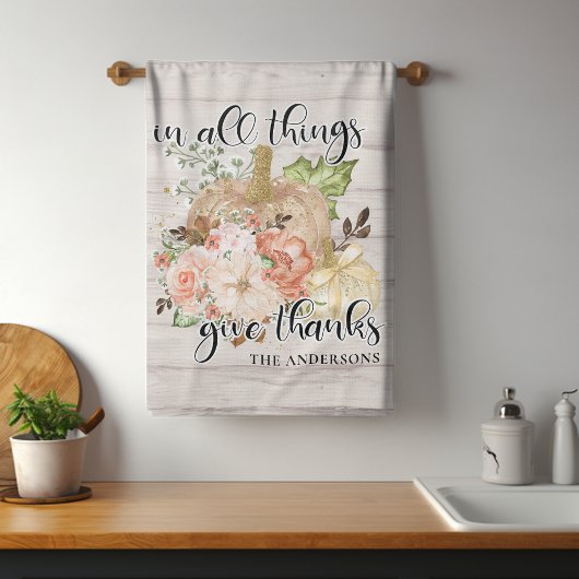 Eleganter Erntedank Chic Floral Pumpkin Name Geschirrtuch