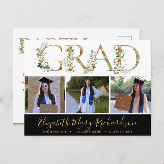 Eleganter Eucalyptus Gold Script 3 Foto Abschluss Postkarte (Vorne/Hinten)