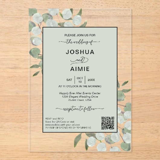 Eleganter Eucalyptus Moderner QR Code Hochzeit Acryleinladungen (Vorderseite)