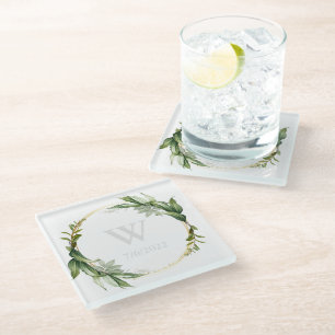 Eleganter Eucalyptus Monogram Glass Untersetzer