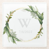 Eleganter Eucalyptus Monogram Glass Untersetzer (Vorderseite)