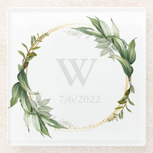 Eleganter Eucalyptus Monogram Glass Untersetzer (Vorderseite)