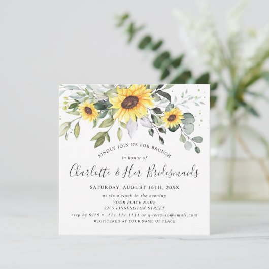 Eleganter Eucalyptus Sonnenblumen Foliage Bridal B Einladung (Stehend Vorderseite)