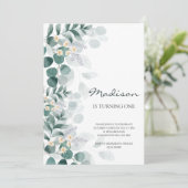 Eleganter Eukalyptus 1. Geburtstagseinladung Einladung (Stehend Vorderseite)