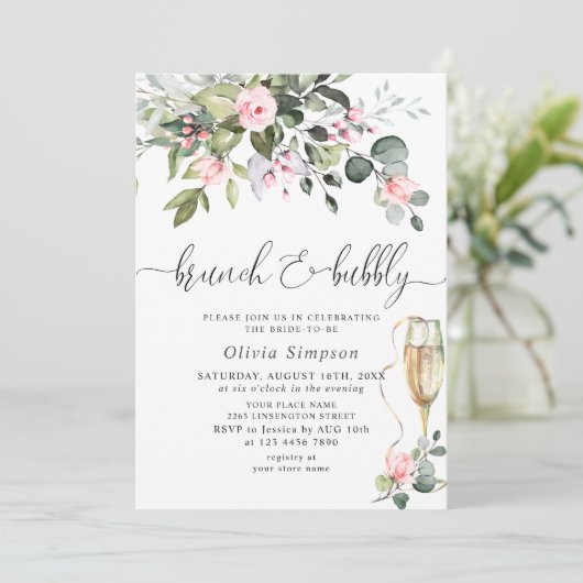 Eleganter Eukalyptus Blush Rose Brunch & Bubbly Einladung (Stehend Vorderseite)