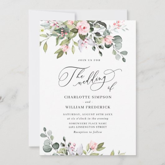 Eleganter Eukalyptus Blush Rose QR Code Wedding Einladung (Vorderseite)