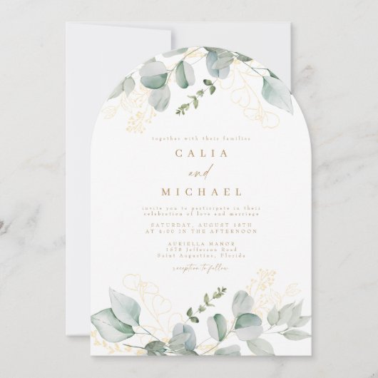 Eleganter Eukalyptus Greenery und Goldener Hochzei Einladung (Vorderseite)