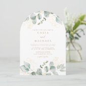 Eleganter Eukalyptus Greenery und Goldener Hochzei Einladung (Stehend Vorderseite)