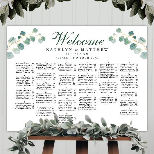 Eleganter Eukalyptus Hochzeit Alphabetisches Sitze Poster